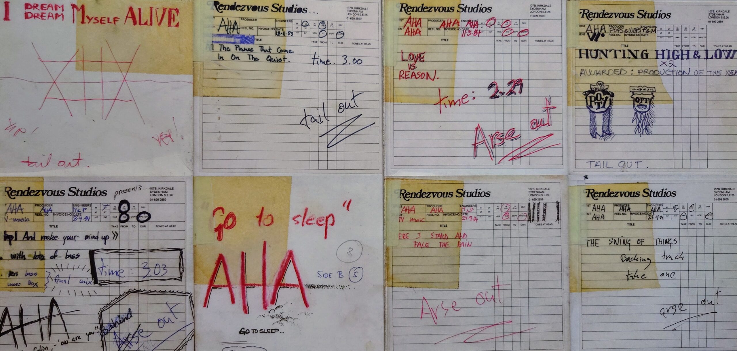 Oryginalne skany ze studyjnych taśm demo z piosenkami zespołu a-ha. Rendezvous Studios, Sydenham, Londyn, 1983/1984.
